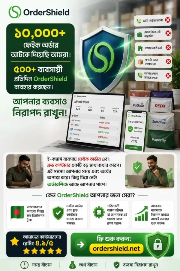 ১০,০০০+ ফেইক অর্ডার আটকে দিয়েছি, ৫০০+ ব্যবসায়ী প্রতিদিন OrderShield ব্যবহার করছেন